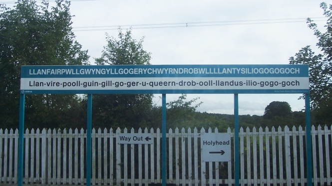 The world's second longest town name. In Wales. (The longest name is in the Maori language, in New Zealand.) I took this photo while on a train and ferry ride from England to Ireland via Wales. For the pronunciation,go here: http://en.wikipedia.org/wiki/File:Cy-Llanfairpwllgwyngyllgogerychwyrndrobwllllantysiliogogogoch_(Welsh_pronunciation,_recorded_17-05-2012).ogg